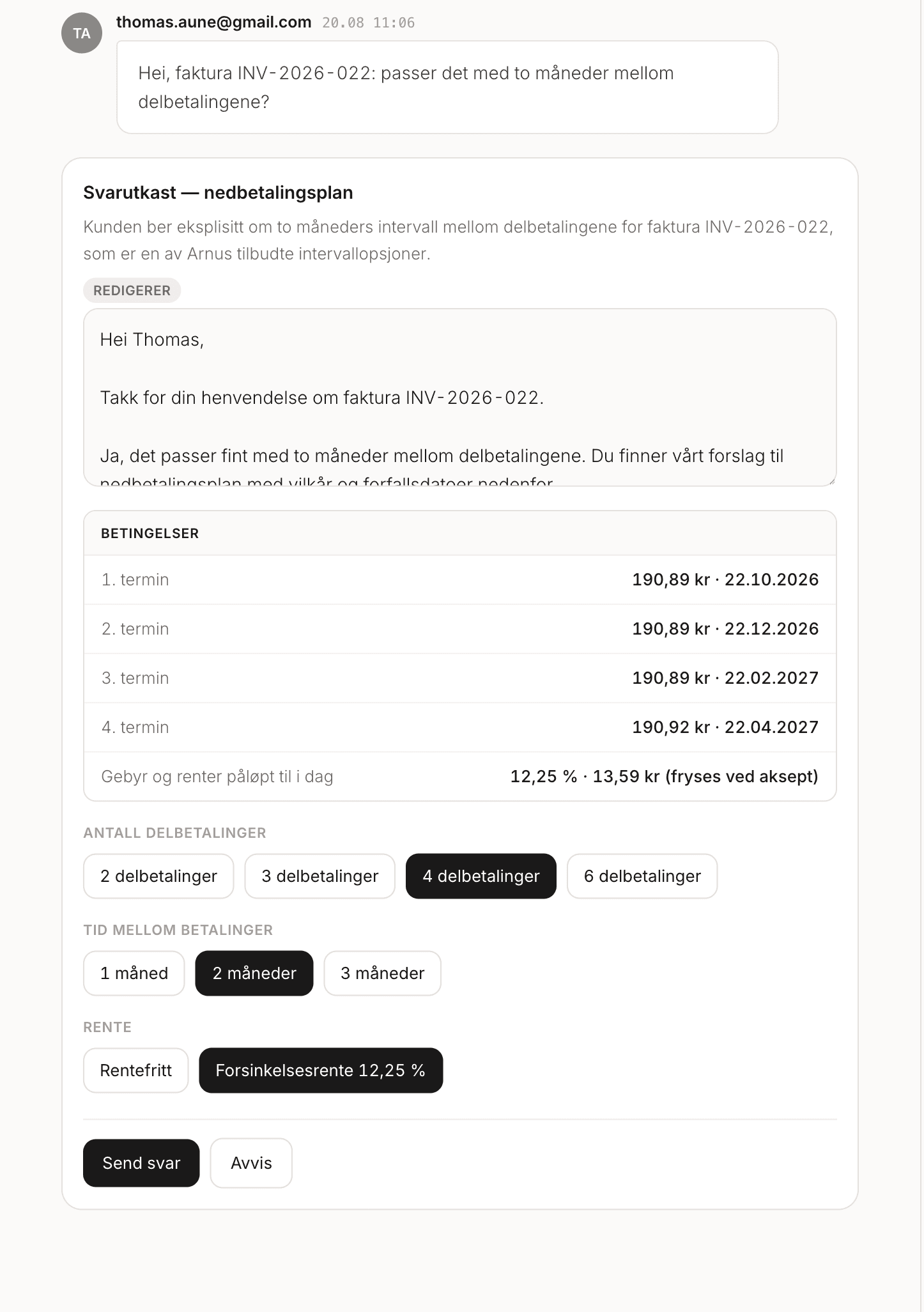Innboksen i Arnu: en innbygger spør om to måneder mellom delbetalingene, Arnu har laget et svarutkast med nedbetalingsplan i fire terminer, og saksbehandleren kan justere antall delbetalinger, intervall og rente før svaret sendes