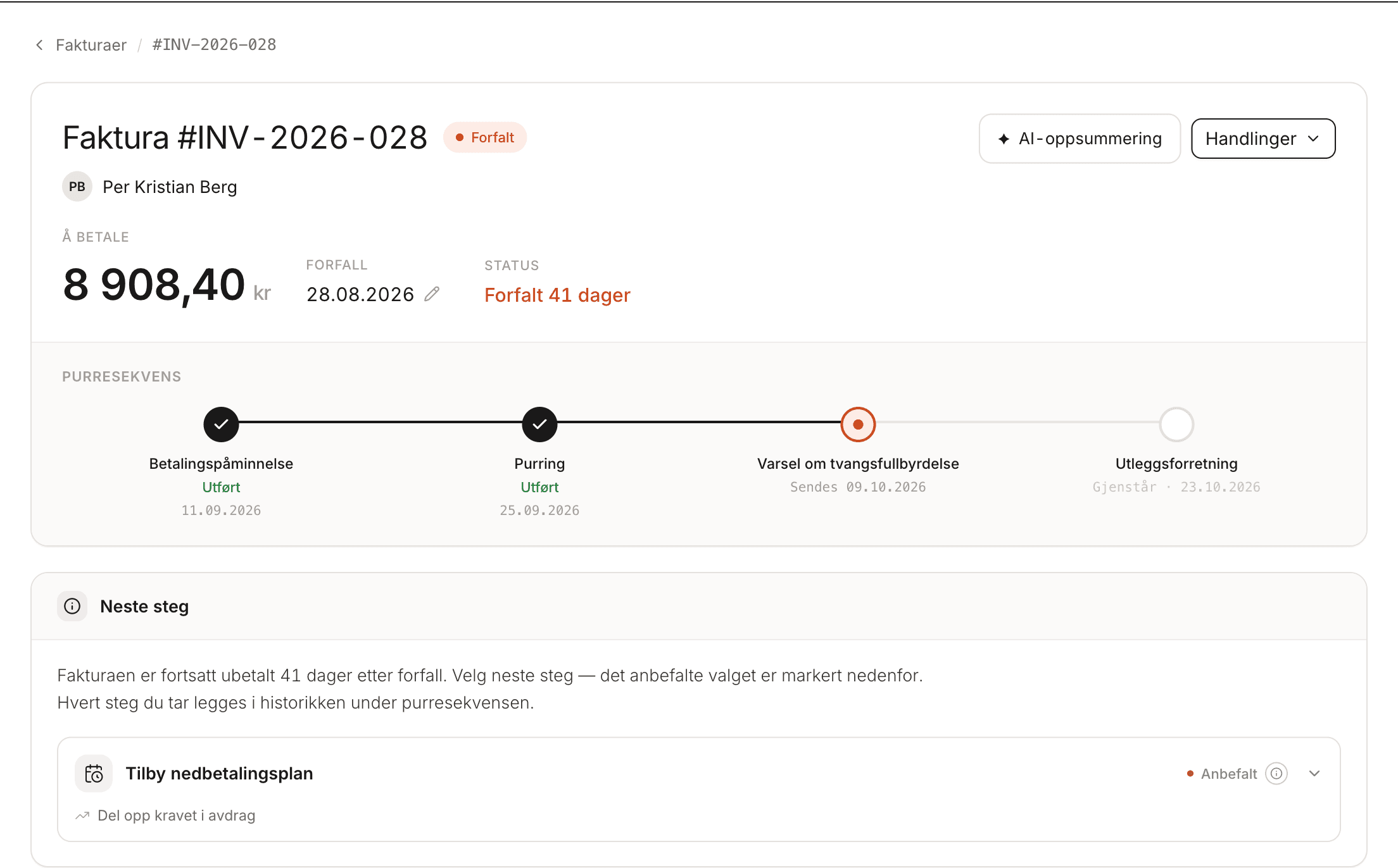Saksside i Arnu: kommunale avgifter på 8 908,40 kr, forfalt 41 dager, saksgang for krav med legalpant der betalingspåminnelse og purring er utført, varsel om tvangsfullbyrdelse er neste steg og utleggsforretning gjenstår, med forslag om nedbetalingsplan
